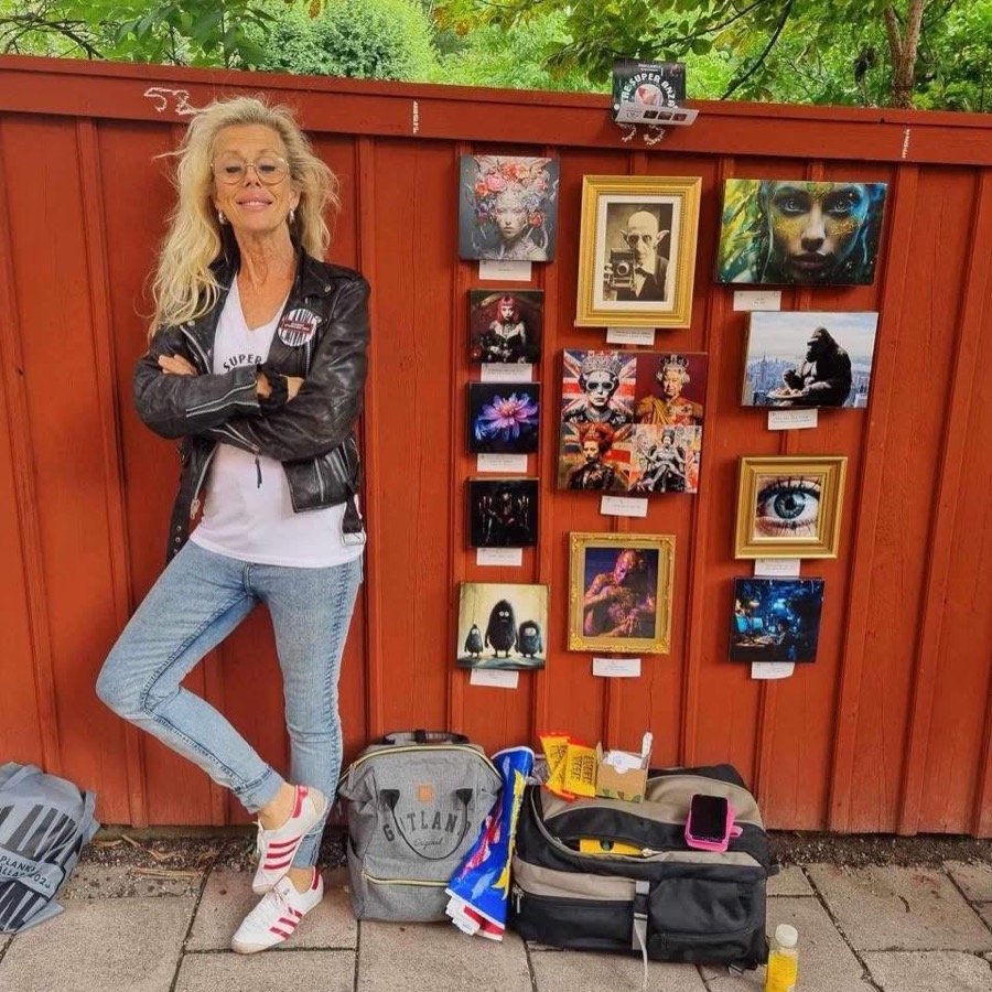 Anna Laurila vid ett rött plank med sina utställda AI-bilder