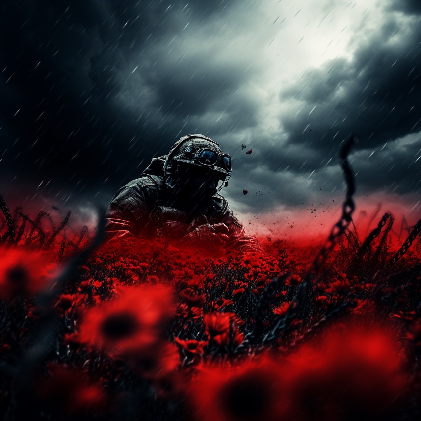 En soldat i ett rött vallmofält under en mörk, regnig himmel