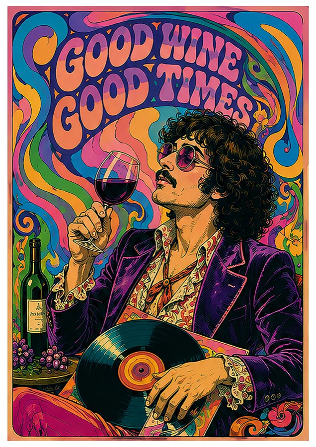 Färgstark affisch med texten Good Wine Good Times, en man med vinglas och en vinylskiva