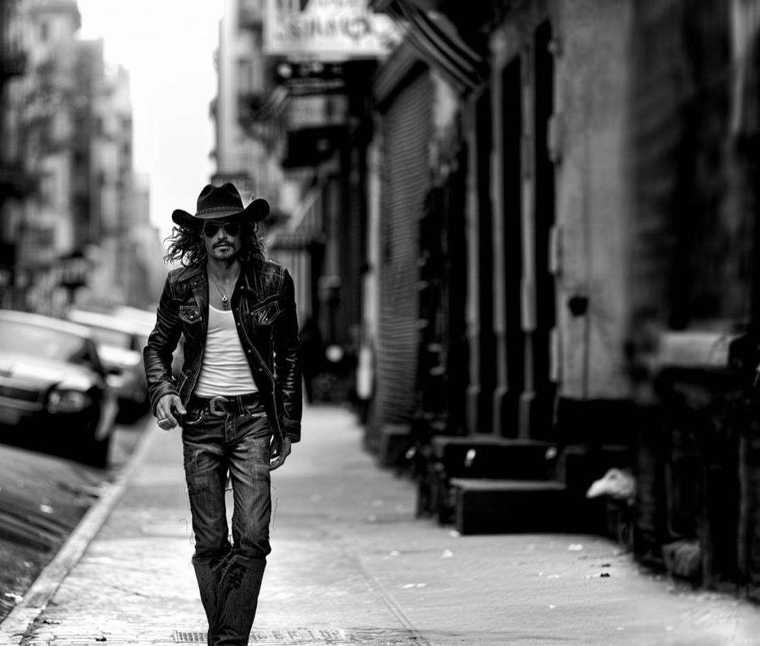 Svartvit gestaltning av Mark Antonio Miller i cowboyhatt och mörk jacka på en trottoar i New York.